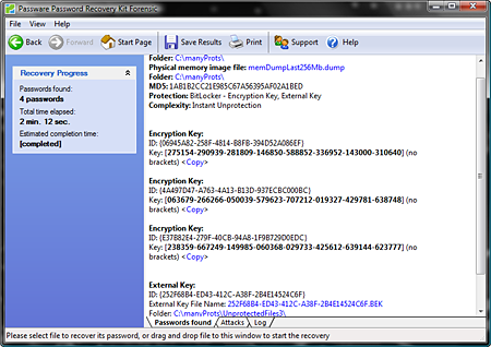 Passware Kit Forensic screenshot - BitLocker Recovery