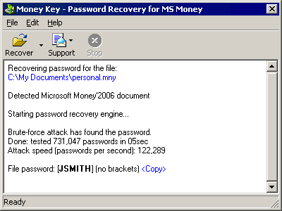Password recovery tool for Money files (.MNY)